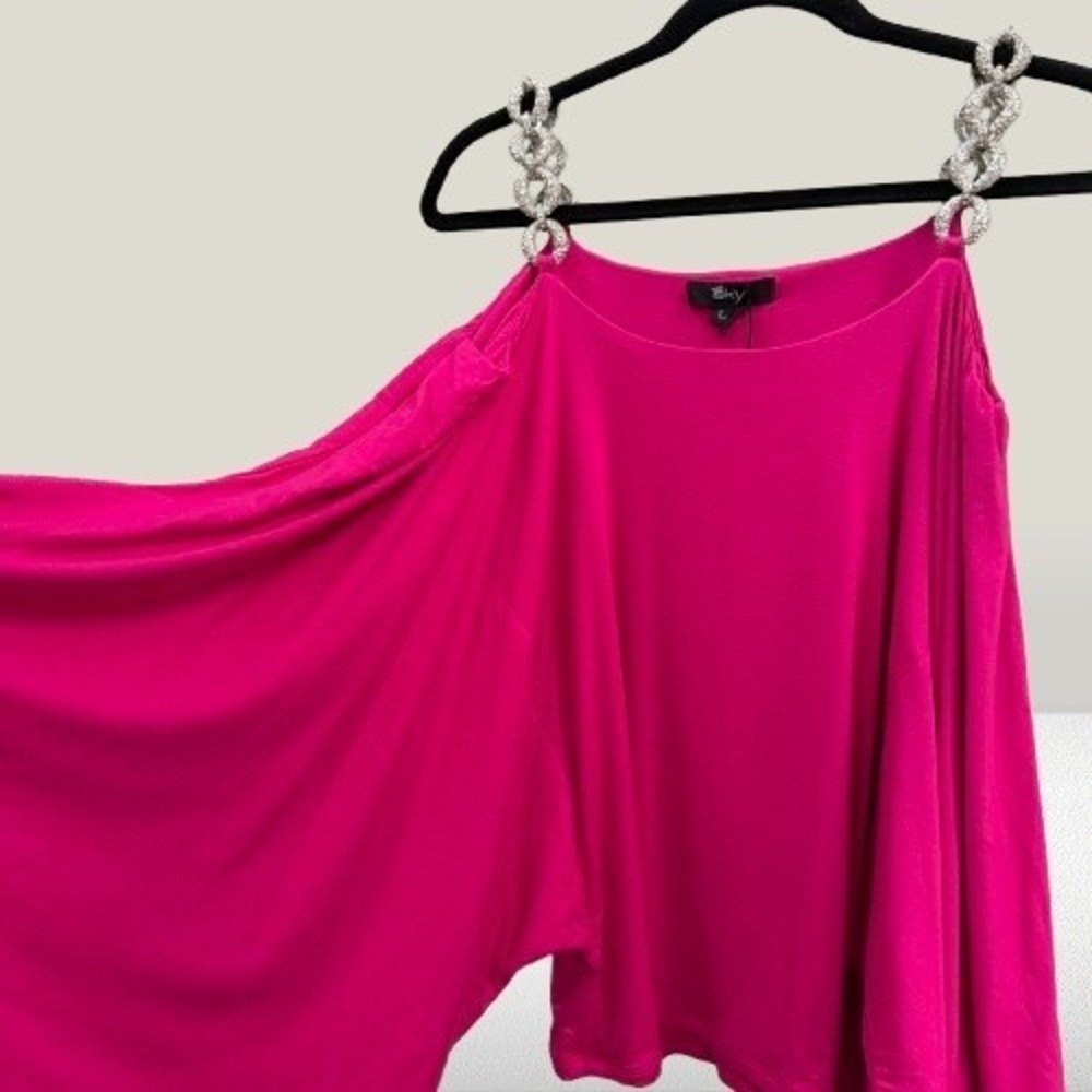 NEW Sky Women Cold Shoulder Top Rhinestone Chain Straps Drape Pink Large